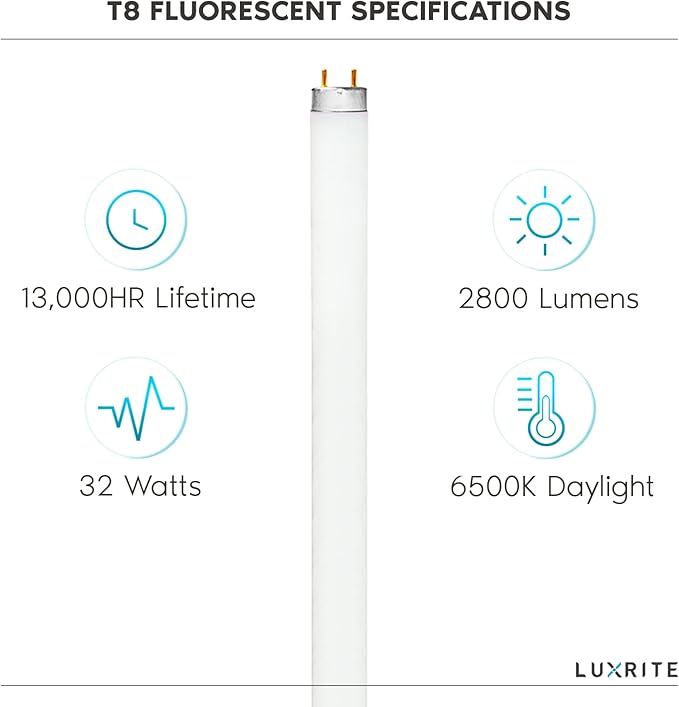 LUXRITE F32T8/865 32W 48 Inch T8 Fluorescent Tube Light Bulb, 6500K Daylight, 2800 Lumens, G13 Medium Bi-Pin Base, LR20735, 10-Pack