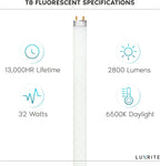 LUXRITE F32T8/865 32W 48 Inch T8 Fluorescent Tube Light Bulb, 6500K Daylight, 2800 Lumens, G13 Medium Bi-Pin Base, LR20735, 10-Pack