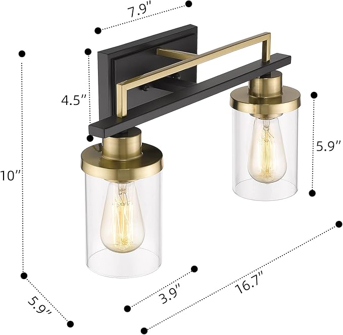 Emliviar 2-Light Gold Bathroom Light Fixtures - Vanity Light in Black and Gold Finish with Clear Glass, YCE238B-2W BK+BG