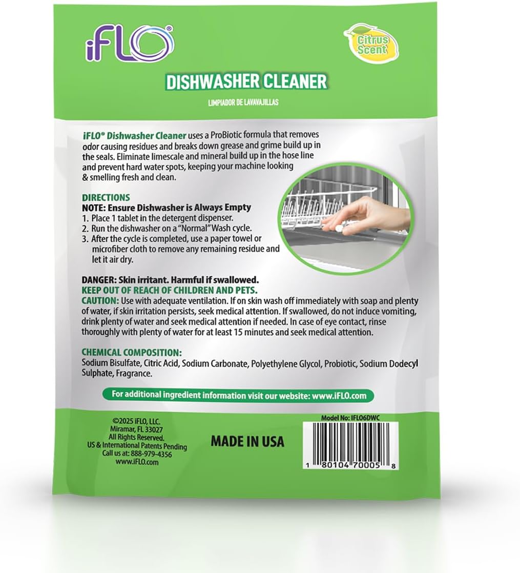 iFLO Dishwasher Cleaner Tablets with iFLObiotic – Deep Cleaning Dishwasher and Deodorizer Tablets to Eliminate Dish Washer Odor, Remove Residue & Freshen Dish Washer Machine Cleaner, 6 Pack