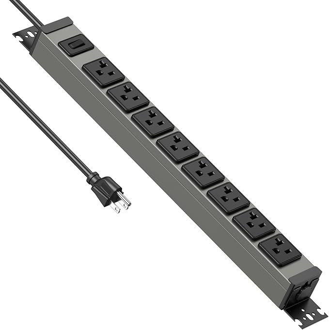 JUNNUJ Heavy Duty Power Strip Wall Mount, 20 Amp Surge Protector 1200J Metal 8 Outlet Under Desk Mounted 20A, Garage Power Bar Table Socket Industrial Outlets 6-20R T-Slot, 10FT 12AWG Extension Cord