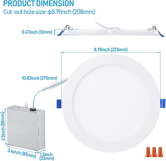 TORCHSTAR Basic Series 12-Pack 8 Inch Ultra-Thin LED Recessed Lighting with Junction Box, Aluminum, 3000K Warm White, 5%-100% Dimmable Slim Recessed Downlight, 18W 1440LM, ETL and Energy Star