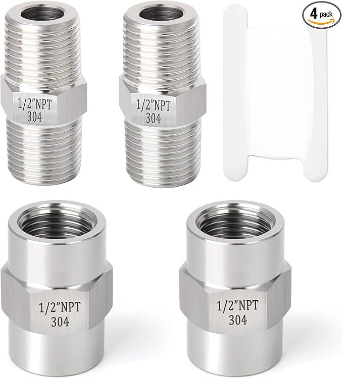 GASHER 4PCS 304 Stainless Steel Pipe Fitting, Hex Nipple Hex Coupling, 1/2" x 1/2" NPT Male Thread Pipe, 1/2Inch x 1/2Inch NPT Female Thread Pipe