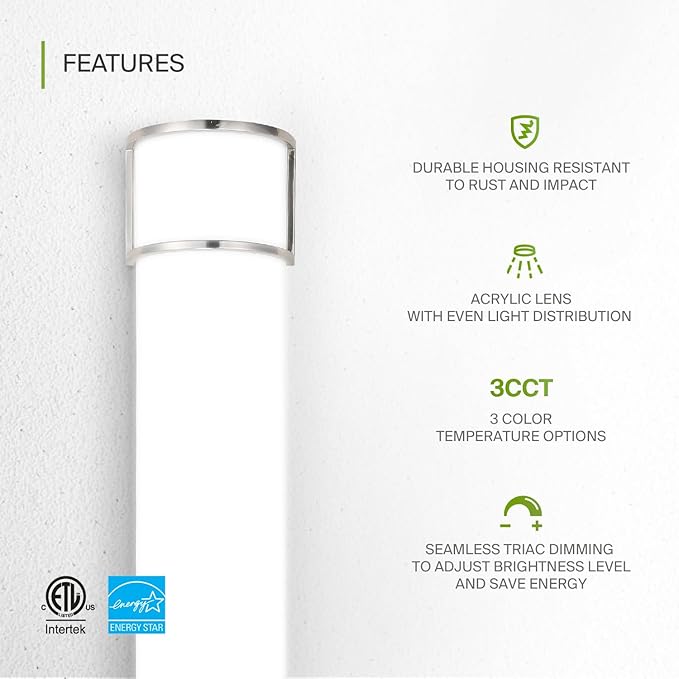 ASD LED 36" Vanity Flush Mount Light Fixture, Linear Bathroom Lighting Bar | 3CCT, Dimmable, Energy Star, ETL Listed | 30W 2650LM 3000-5000K 120V | Long Tube Bath Wall Sconce Over Mirror | Nickel