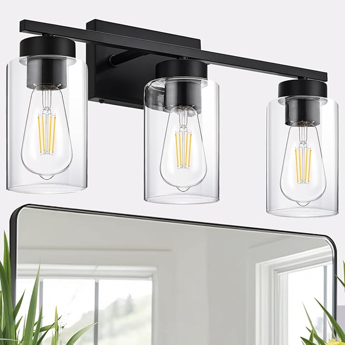 3-Light Bathroom Vanity Light, Modern Black Wall Lights with Clear Glass Shades, Bathroom Wall Sconce Lamp for Mirror Living Room Bedroom Hallway