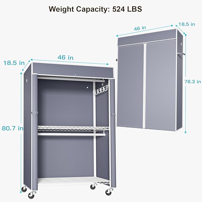 FUTASSI White Clothing Rack with Grey Cover, P1C Plus Rolling Closets with Wheels, Metal Garment Rack for Hanging Clothes, Clothing Storage Wardrobe, 46" W x 18.5" D x 80.7" H, Load 524 Pounds