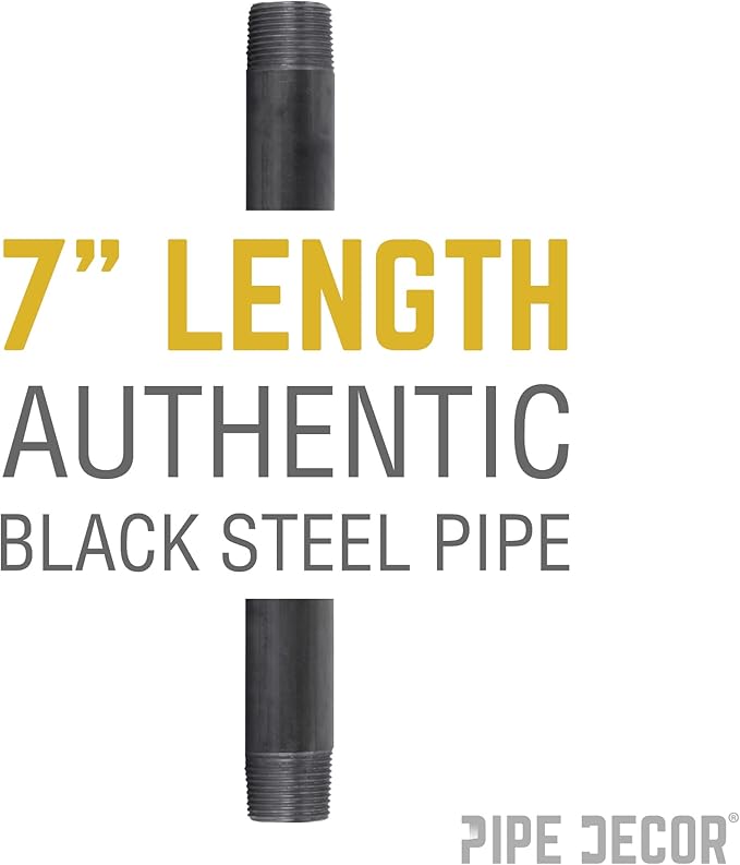PIPE DÉCOR 1/2” x 7” Malleable Cast Iron Pipe Nipple, Pre-Cut Connectors, Industrial Steel Grey Fits Standard Half Inch Black Threaded Pipes Nipples and Fittings, Build Vintage DIY Furniture, 6 Pack