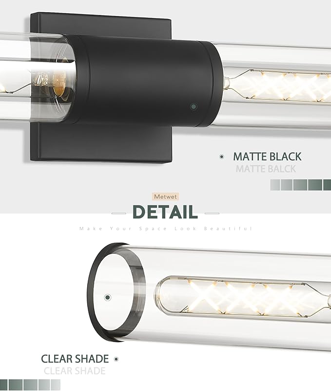 Black Bathroom Light Fixtures, 2-Light Vanity Lights Over Mirror with Clear Glass Shade, Modern Wall Sconces for Bathroom Bedroom Hallway, VL834-MB
