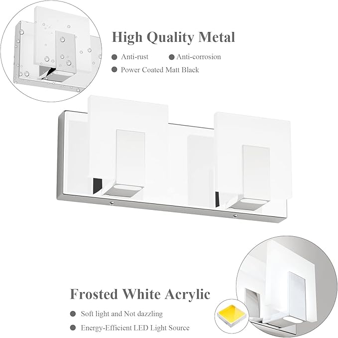 Aipsun 2 Lights Modern LED Bathroom Vanity Light Acrylic Stainless Steel Chrome Up and Down Bathroom Wall Light Over Mirror(White Light 6000K)