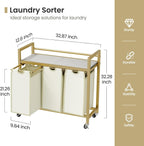 Laundry Hamper, Laundry Basket, Laundry Sorter with 3 Removable Bags, Clothes Basket with 3 Compartments, Wheels, Shelf for Laundry Room Bathroom Bedroom (3 Bags-Golden)