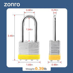 ZonRo Locks Laminated Steel Keyed Padlocks,Keyed Alike Locks, 1-9/16 inch Wide,Long Shackle Padlocks, Pack of 6，Yellow Hoop, for Hasp Latch, Sheds, Fences, Storage Locker, School, Gym