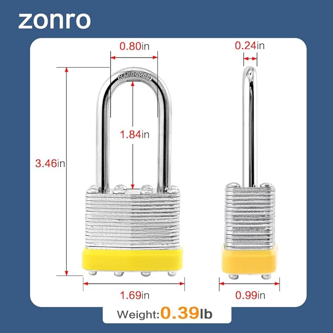 ZonRo Locks Laminated Steel Keyed Padlocks,Keyed Alike Locks, 1-9/16 inch Wide,Long Shackle Padlocks, Pack of 6，Yellow Hoop, for Hasp Latch, Sheds, Fences, Storage Locker, School, Gym