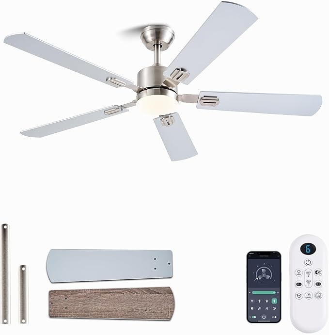 56 inch Ceiling Fans with Lights and Remote/App Control, DC Reversible Motor, Dimmable, Double-Side Blades, 6 Speeds Low Profile Modern Ceiling Fan for Livingroom, Indoor/Outdoor（Nickel）