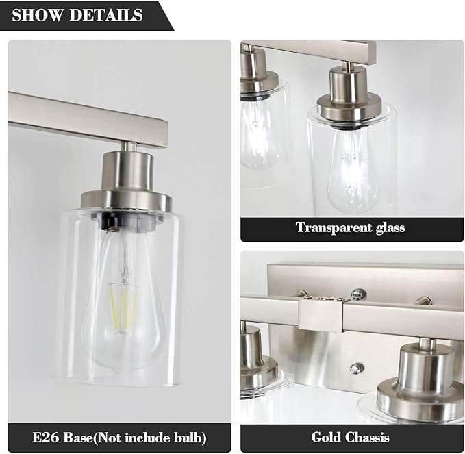 Bathroom Vanity Light, 5-Light Nickel Modern Matte Wall Sconce Lighting with Clear Glass Shade, Wall Lights,Bath Vintage Wall Mounted Lamps for Mirror Bedroom Living Room