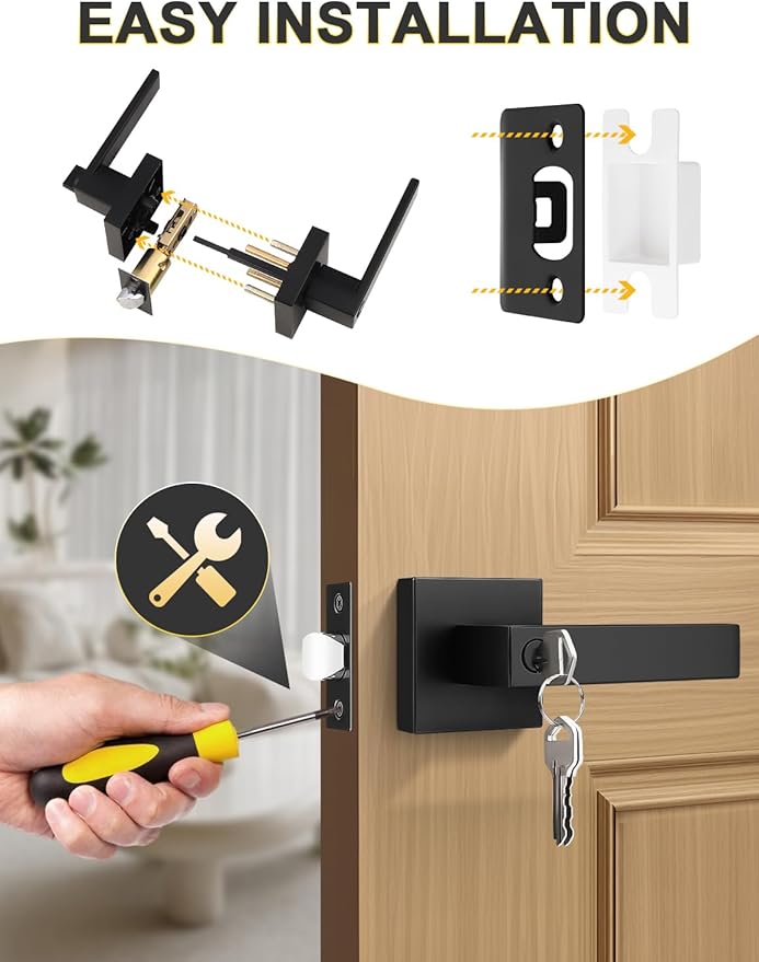 2 Pack Square Entry Door Levers with Lock and Key, Matte Black Entrance Door Handles, for Exterior or Interior Doors, Bedroom, Office, Hotel (Each with 3 Keys)
