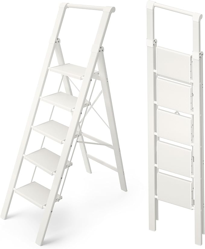 HillhutApex 5 Step Foldable Aluminum Step Ladder with Handgrip, Anti-Slip Pedal, 330 lbs Capacity, Lightweight & Portable for Home, Kitchen, Office, Garage (White)