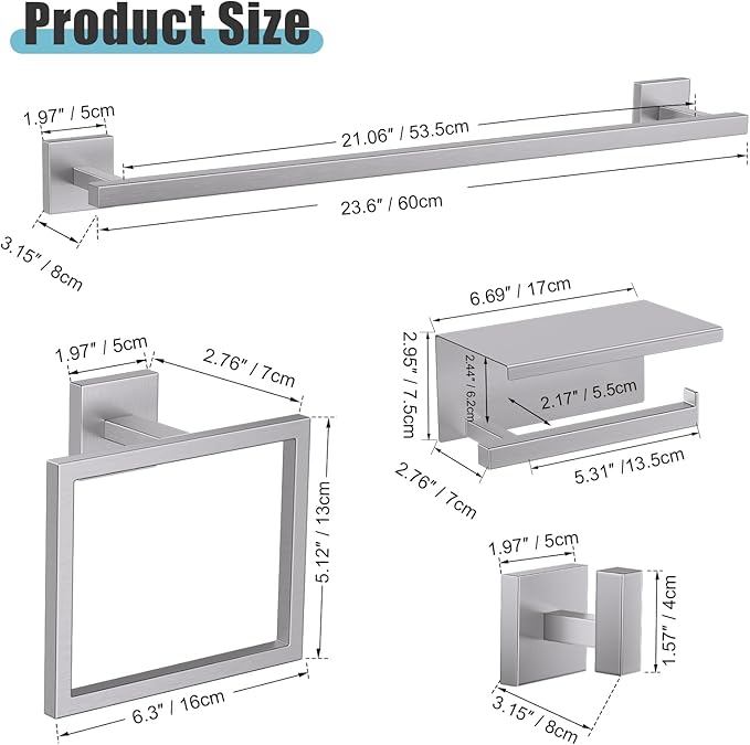 YACVCL 5-Pieces Brushed Nickel Bathroom Hardware Accessories Set Towel Bar Set Upgraded Toilet Paper Holder with Shelf Stainless Steel Wall-Mounted Bathroom Hardware Set 23.6 Inch