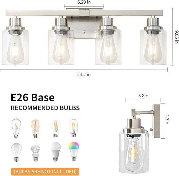 Bathroom Vanity Light, 4-Light Nickel Modern Matte Wall Sconce Lighting with Clear Glass Shade, Wall Lights,Bath Vintage Wall Mounted Lamps for Mirror Bedroom Living Room