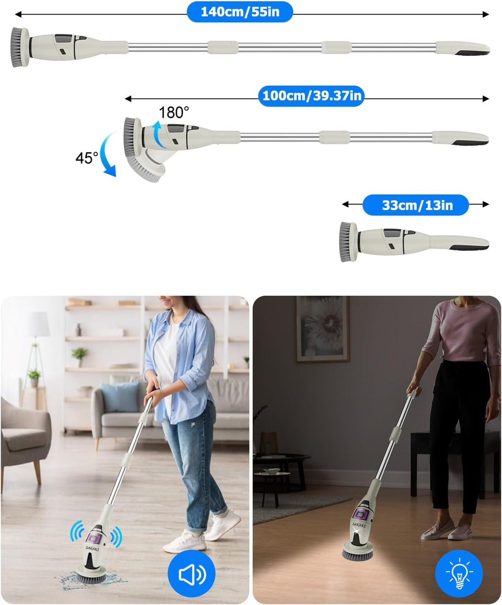 Electric Spin Scrubber Cordless Shower Cleaning Brush with 10 Replaceable Heads Powerful IPX7 Waterproof Bathroom Cleaner 3 Speeds Detachable Long Handle Voice Broadcast for Floor Car Kitchen