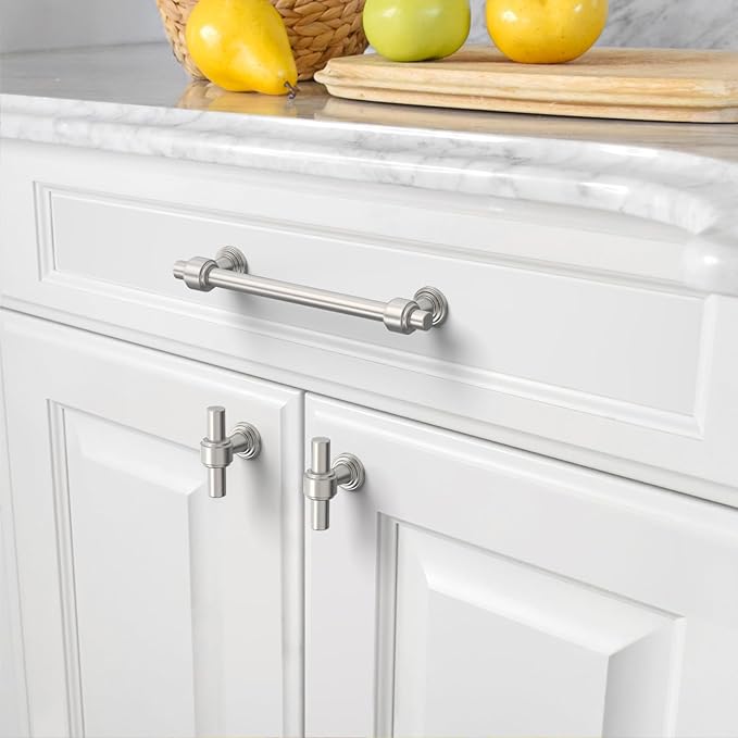 Amerdeco 10 Pack Brushed Satin Nickel Cabinet Knobs 1.46 Inch(37mm) Single Hole Cabinet Handles Rectangle Dresser Knobs Drawer Knobs and Pulls for Bathroom Cabinets ZH0069