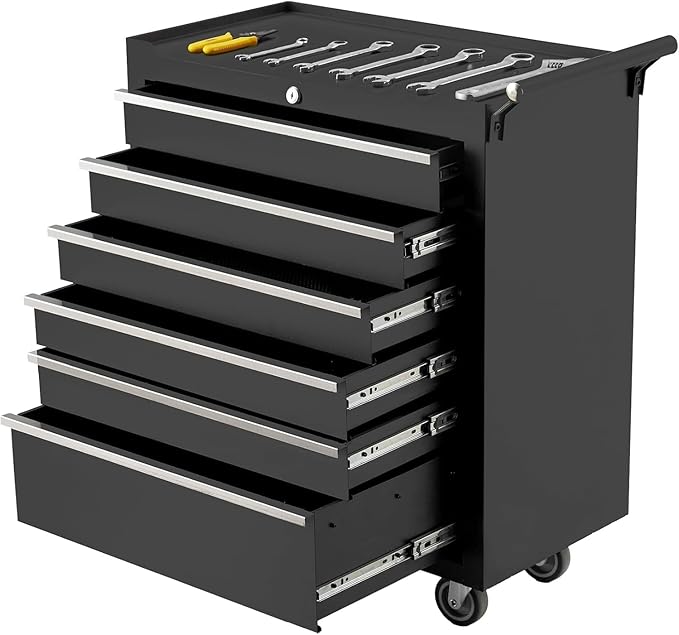 Garvee Rolling Tool Chest, 6 Drawers Tool Storage Cabinet, Toolbox with Wheels, Portable Tool Cabinet Organizer with Locking System & Drawer Liners, Tool Storage Cart for Garage, Workshop, Black
