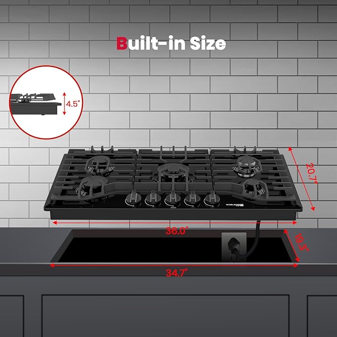 GASLAND 36 Inch Gas Cooktop 5 Burner, PRO GH2365EF, Built-in NG/LPG Convertible Stovetops, Gas Countertop Plug-in with Thermocouple Protection, Black