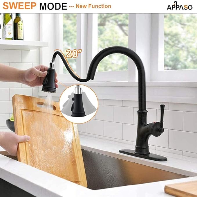 APPASO Black Kitchen Faucet with Pull Down Sprayer Head - Single Handle High Arc Single Hole Pull Out Kitchen Sink Faucets with Deck Plate, Matte Black