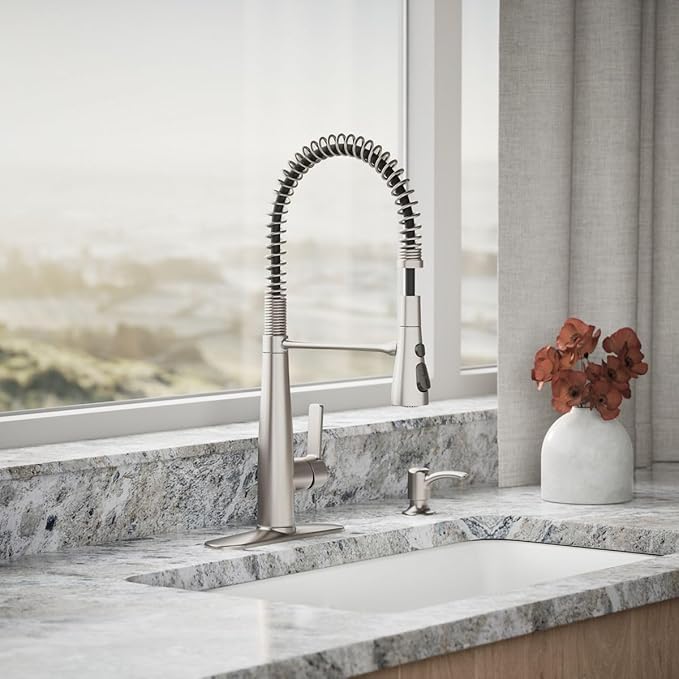 KOHLER K-R22745-SD-VS Semi-Professional Kitchen Faucet with Soap Dispenser/Lotion Dispenser, Commercial Kitchen Sink Faucet with Pull-Down Sprayhead, Vibrant Stainless
