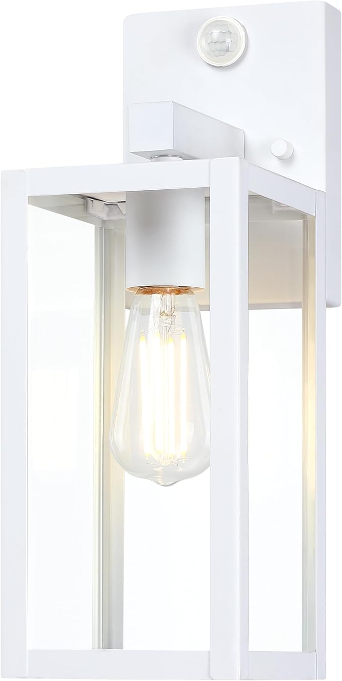 GRUENLICH Dusk to Dawn Large Outdoor Wall Lantern, PIR Motion Sensor Wall Sconce, E26 Base Max 60W, Metal Housing Plus Glass, White Finish, Bulb Not Included, 1-Pack