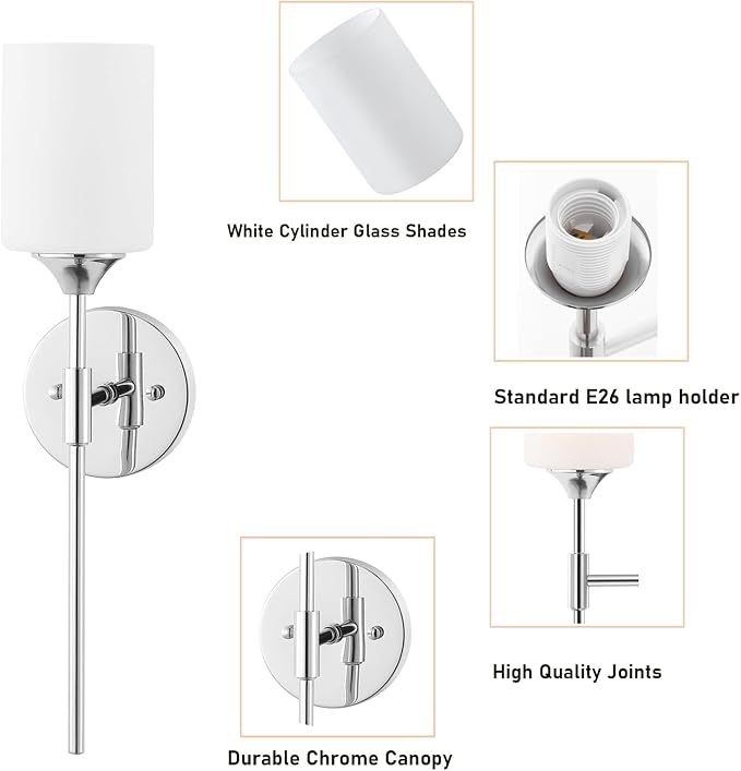 Modern Wall Sconce Set of 2 White Cylinder Glass Shades Mid Century Bathroom Vanity Wall Light Fixtures Industrial Wall Lamp for Bedroom Mirror Living Room Restaurant(Chrome Color)