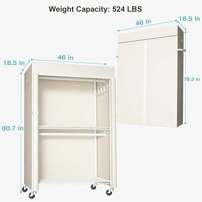 FUTASSI White Clothing Rack with Beige Cover, P1C Plus Rolling Closet with Wheels, Metal Garment Rack for Hanging Clothes, Clothing Storage Wardrobe, 46" W x 18.5" D x 80.7" H, Load 524 Pounds