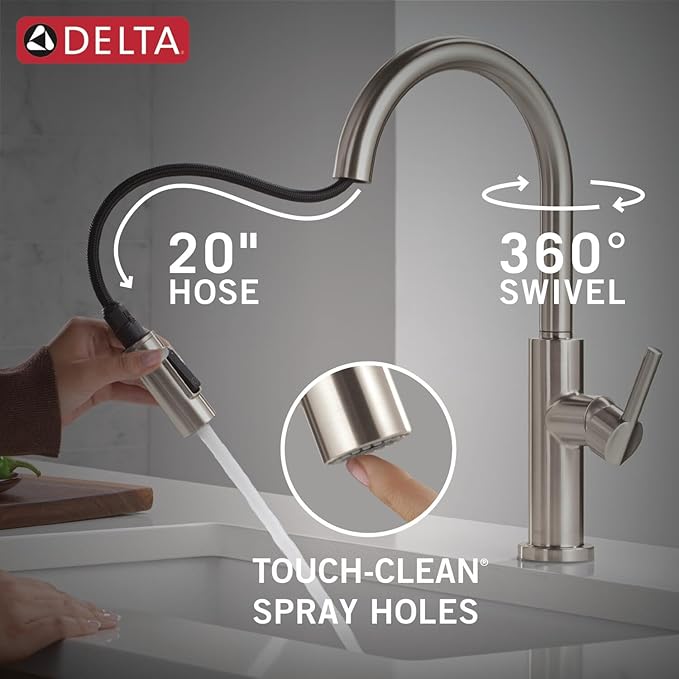 Delta Nicoli Brushed Nickel Kitchen Faucet with Pull Down Sprayer, Modern Single Hole Kitchen Sink Faucet, Single Handle, Stainless Steel 19867LF-SS