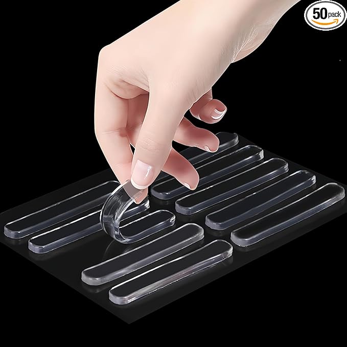 50PCS Clear Protector Strips, Door Wall Bumpers Stopper, Self Adhesive Cabinet Pads Sound Dampening, Cupboard Drawer Cushion Guards, Desk Protective Soft Quiet Cushioning for Furniture Kitchen