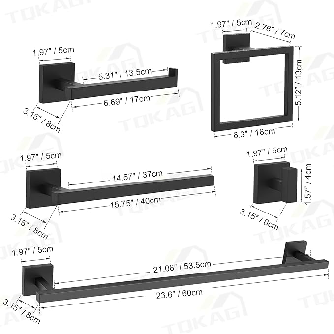 TQKAG 7-Pieces Matte Black Bathroom Hardware Accessories Set 23.6" SUS304 Stainless Steel Towel Bar Set Toilet Paper Spare Rolls Storage Holder Wall Mounted
