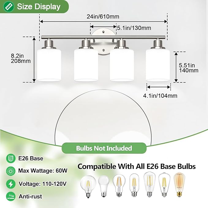 4-Light Bathroom Light Fixtures, Brushed Nickel Modern Vanity Lights with Milky White Frosted Glass Shades, Bathroom Wall Lamp for Mirror Kitchen Living Room