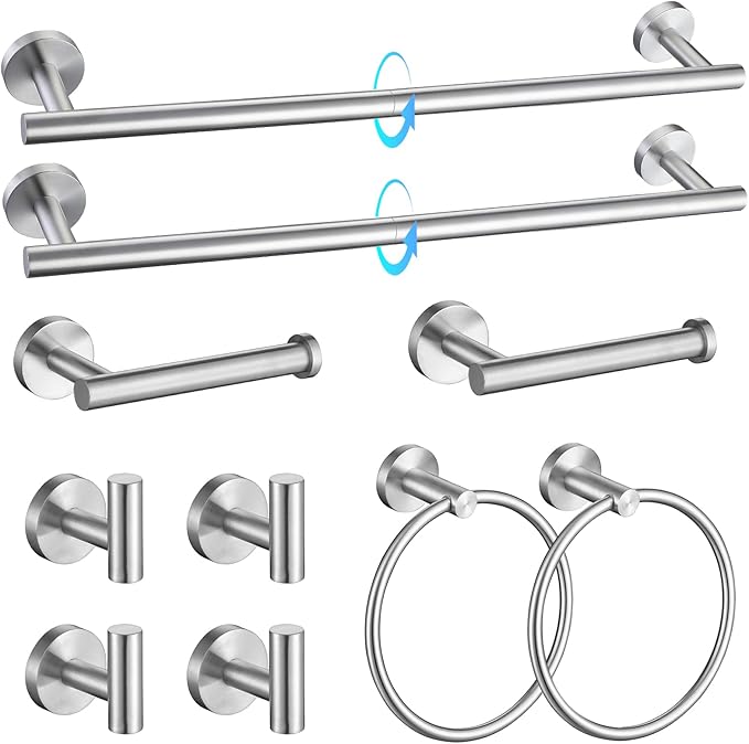 TQKAG Brushed Nickel Bathroom Hardware Accessories Set - 10-Piece Premium SUS304 Stainless Steel Towel Bar Holder Set with 23.6 Inch Round Towel Racks for Wall Mounted Bathroom