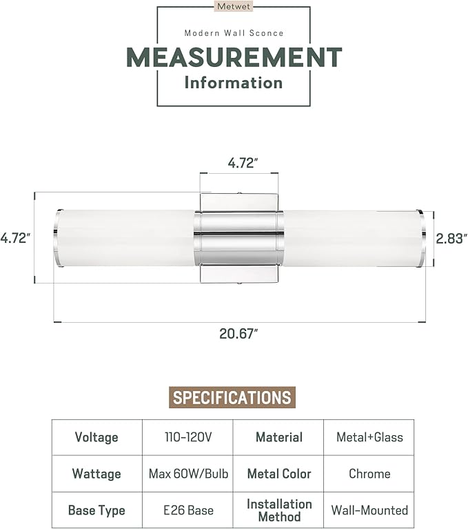 Bathroom Light Fixtures, 2-Light Vanity Lights for Mirror with Milk Glass Shade, Chrome Up and Down Wall Sconces for Bathroom Bedroom Hallway, VL834-CH-ML