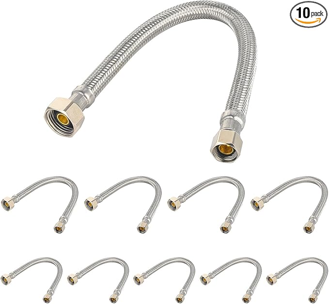 10-Pack EFIELD 16-inch Faucet Supply Lines, 1/2" FIP x 3/8" COMP Faucet Hose, Stainless Steel Braided Supply Line,(HOSE045-10PCS)