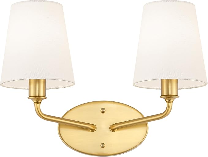 Emak 2-Light Bathroom Vanity Light, Brushed Gold Bathroom Light Fixtures Over Mirror with Flared White Fabric Shade, Modern Wall Sconce for Bath, Mirror, Hallway, VL132-BGD-WF-2