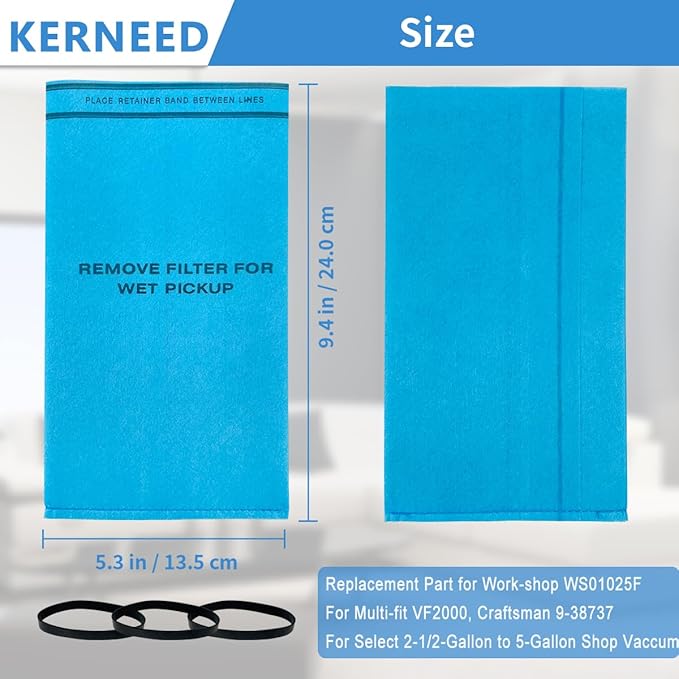 8 Pack Wet Dry Filter Bags Compatible with Work-shop WS01025F2, Craftsman 9-38737, MultiFit VF2000, Select 2-1/2 to 5-Gallon Shop Vac Vacuum Stinger Craftsman Husky (with 3 Retaining Bands)