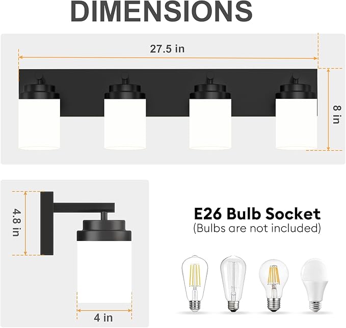 IZORRO Bathroom Vanity Light Fixture, 4-Light 27.5 Inch Matte Black Bathroom Light Fixtures Over Mirror, with White Glass Shade, Modern Farmhouse Vanity Lights, Rustic Restroom Lighting Fixtures