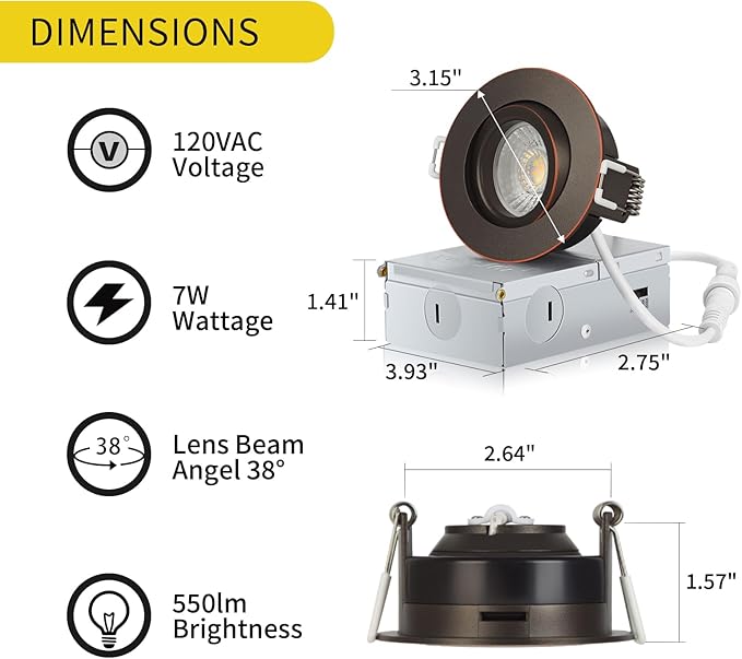 Bronze 3 Inch Recessed Lighting 6 Pack, Ajustable Eyeball recessed Light with Junction Box,5 Color Selectable,Airtight,7W 550LM,Dimmable,Bronze