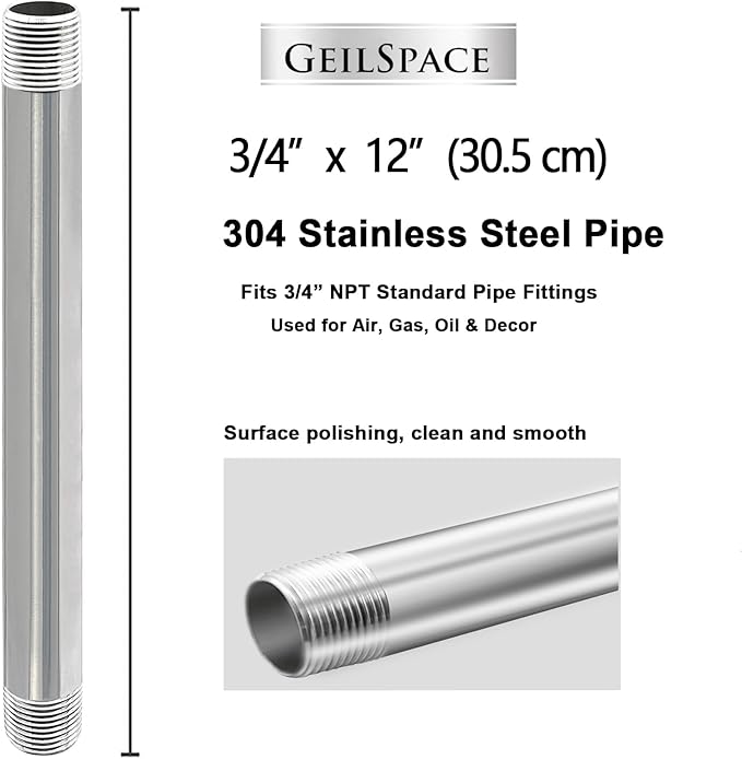 GeilSpace 3/4" x 12" Stainless Steel Pipe, 304 Pipe Nipple Fits Standard 3/4 Inch Threaded Pipes and Fittings, DIY Industrial Metal tube (2 PCS)