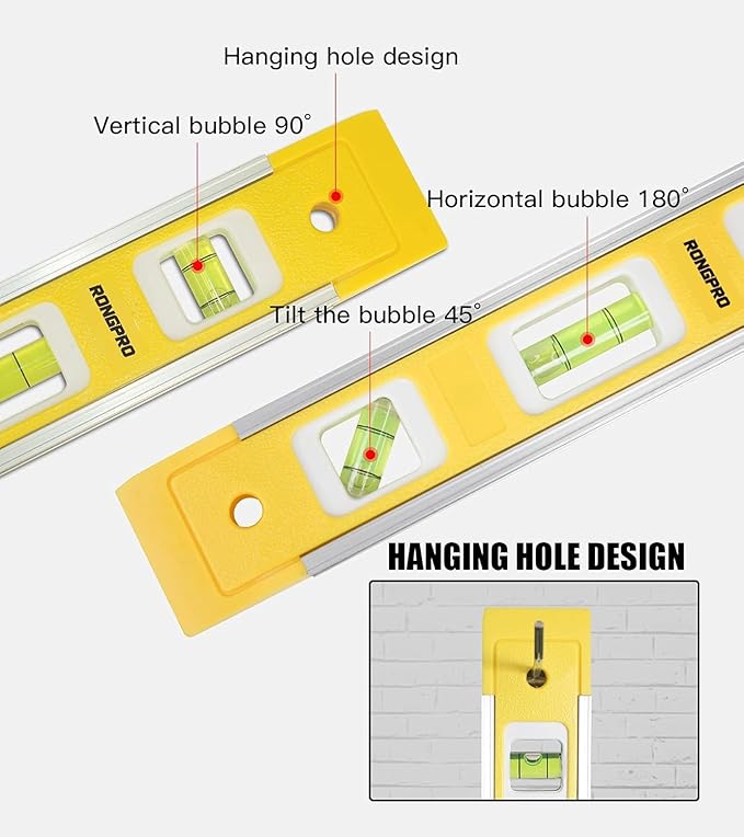 9 Inch Torpedo Level, Magnetic Box Level with 45°/90°/180° Bubbles, Shock Resistant Bubble Level Tool for Measuring