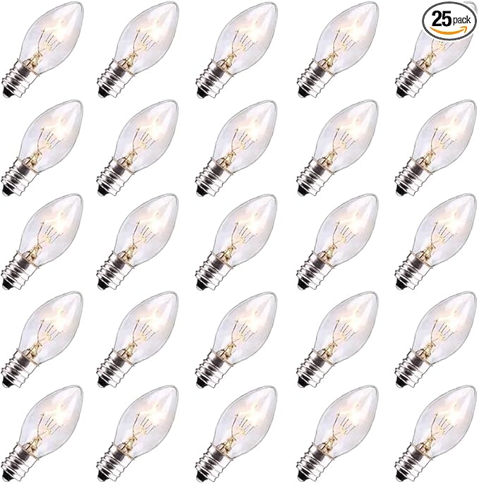 Abeja 25 Pack C7 Christmas Replacement Clear Bulbs C7/E12 Incandescent Light Bulbs for Christmas Tree Lights Set Indoor/Outdoor Party Decor, 5w