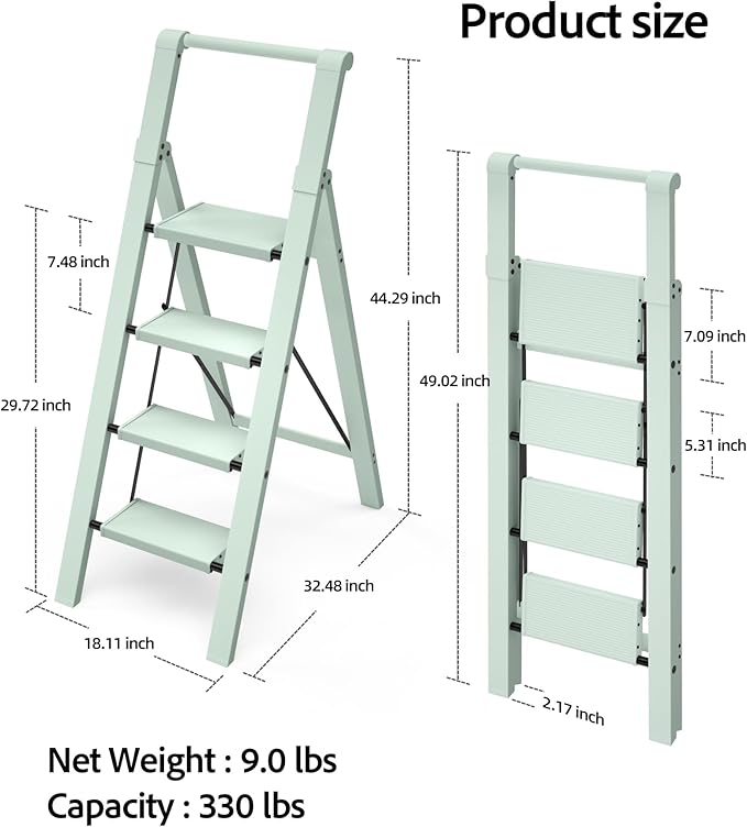Taranta 4 Step Ladder, Lightweight Aluminum Step Stool with Convenient Handgrip, Folding Ladder with Anti-Slip Pedals, 330lbs Capacity Stepladder for Home, Office, Kitchen - Fairyland Green