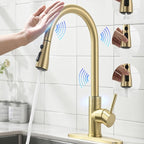 Smart Touch On Kitchen Faucet, 3 Modes Pull Down Sprayer, Sensor Activated, Ceramic Disc Valve, 360-Degree Rotation, 1 or 3 Hole Deck Plate. 10-Year Warranty. (KW-69J, Gold)