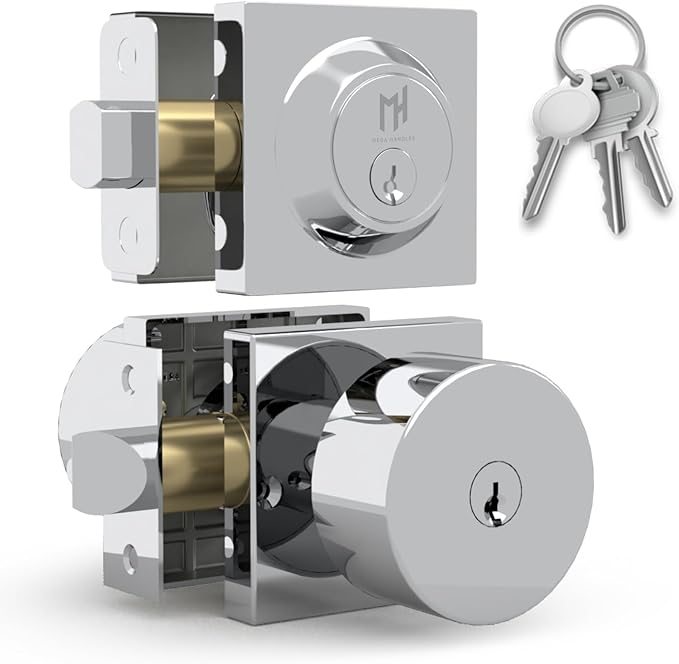 Mega Handles SUANA Entrance Combo, Door Knob and Cylinder Deadbolt and Key Combo, Heavy Duty Locking Door Knobs for Left or Right-Handed Doors – Polished Chrome