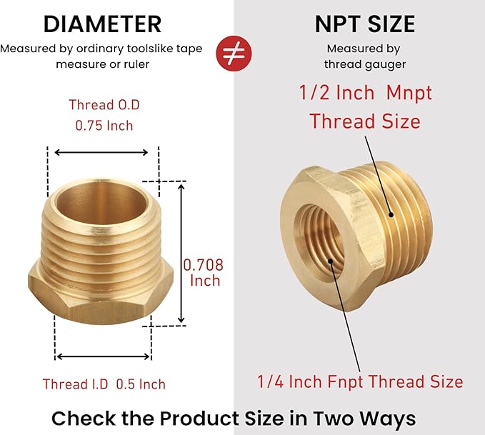 Brass Hex Reducer Bushing Adapter, 1/2" NPT Male x 1/4" NPT Female, Fits Pressure Gauges & Air Distribution Systems, For Hard Line or Fixed Air Lines, Thread 0.75" OD to 0.5" ID, 5pcs