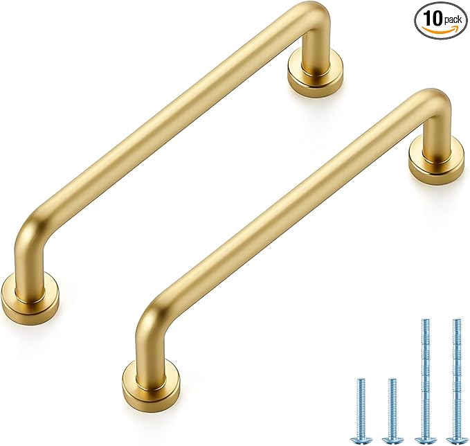 JOY DECOR Cabinet Pulls – 3-3/4 Inch Hole Center, Brushed Brass, 10 Pack, Zinc Alloy Cabinet Handles for Drawers & Cupboard – Vintage Style Hardware for Kitchen, Bathroom, Dresser, Furniture Makeover